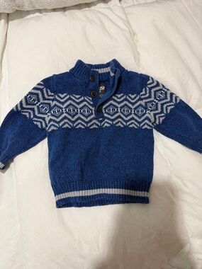 Children's Blue Patterned Knit Sweater with Button Collar
